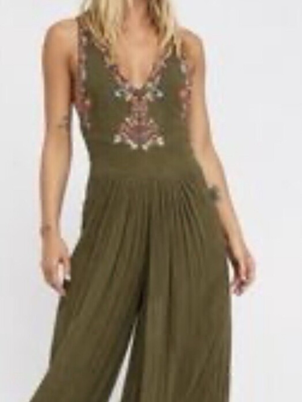 Free People Amalfi Jumpsuit Size 2 Olive Green Embroidered Wide Leg Excellent